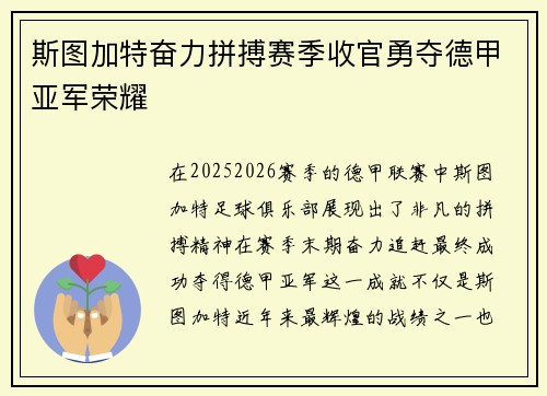 斯图加特奋力拼搏赛季收官勇夺德甲亚军荣耀